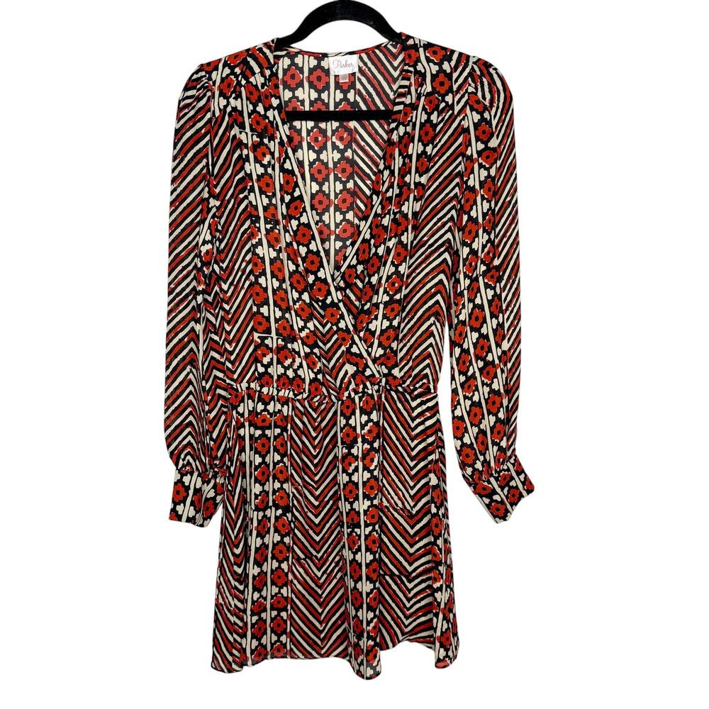 Parker XS Red Cream Black Geometric Print Silk Long Sleeve Surplice Neck Dress